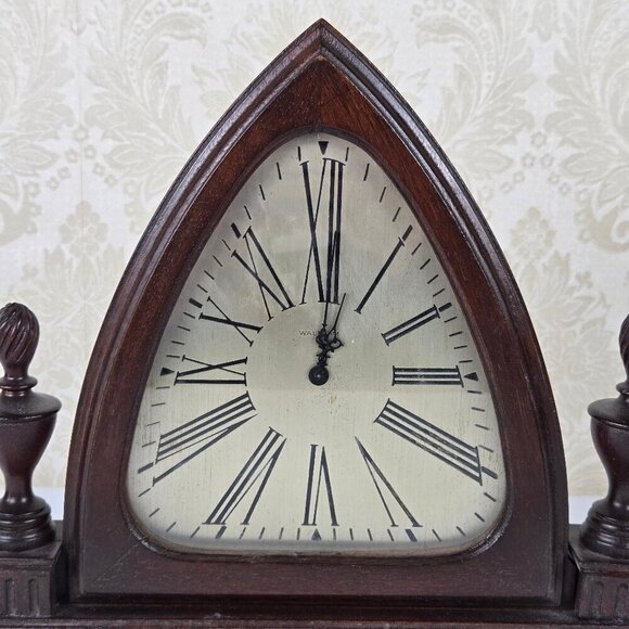 Vintage Waltham Triangle Wooden Mantel Clock Finials on Sides Wind Up Mechanism - Picture 2 of 16